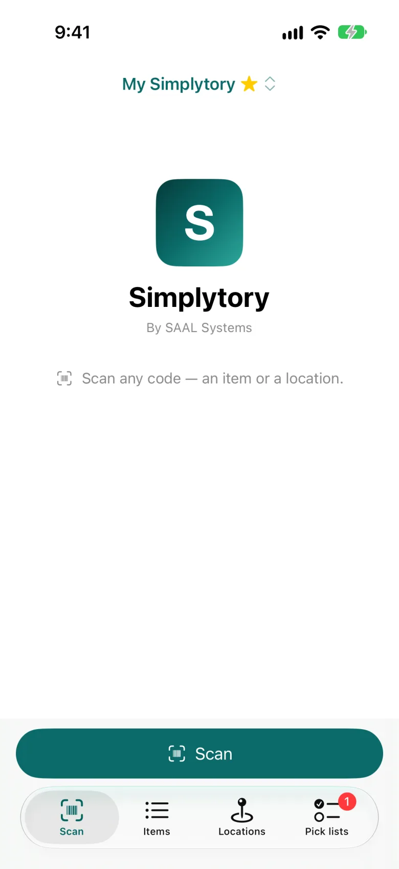 The Simplytory Scan screen, ready to scan: the logo, a short hint and a big Scan button.