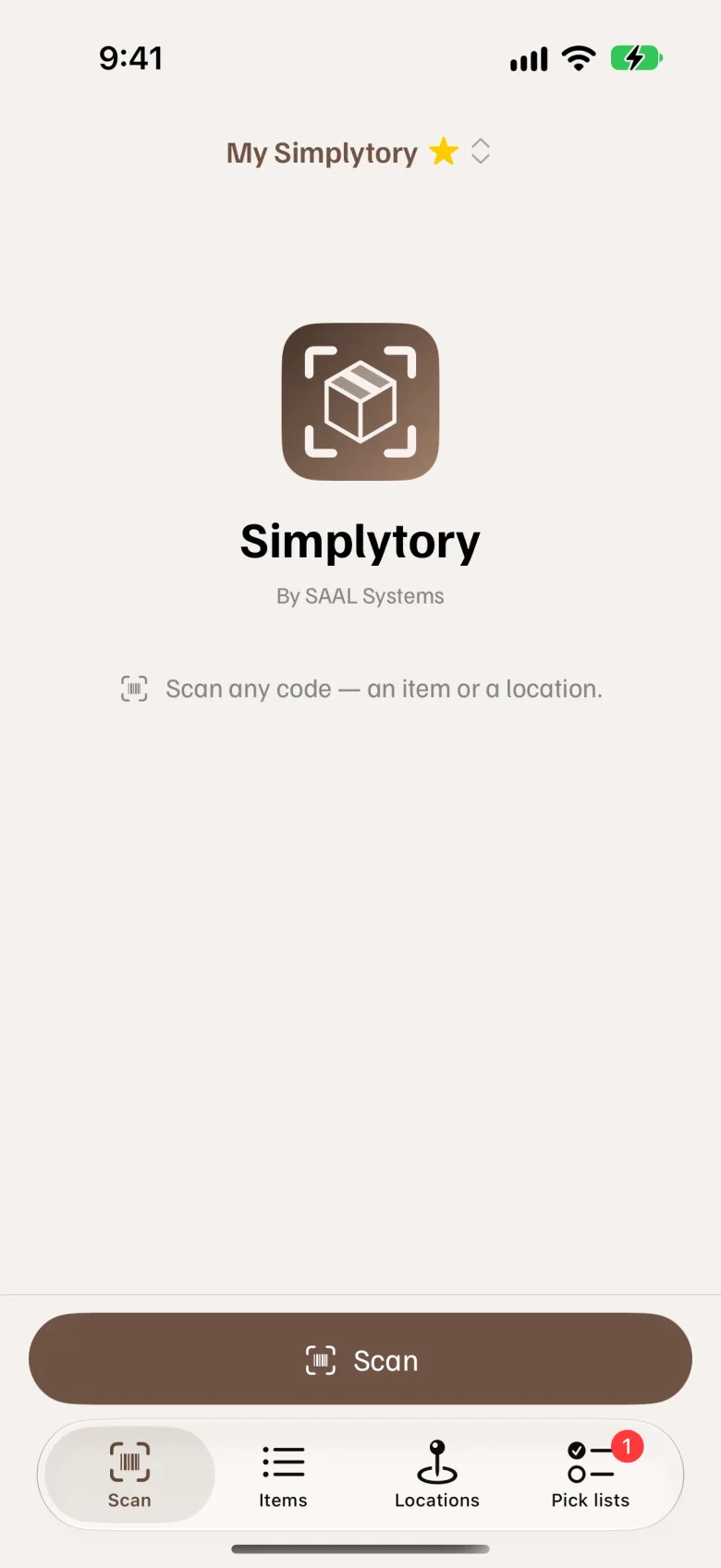 The Simplytory Scan screen, ready to scan: the logo, a short hint and a big Scan button.
