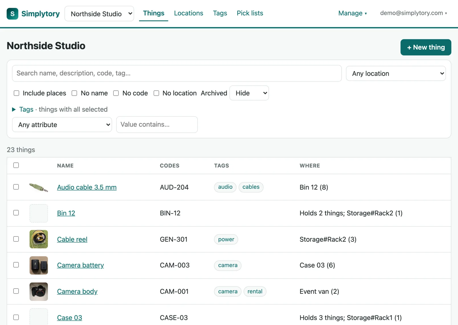 The Simplytory web admin in a browser: the Things list of Northside Studio, with photos, codes, tags and where each thing is.